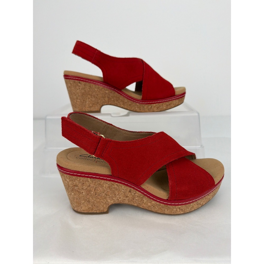 Clarks Collection Wedge Sandals 8 Red Suede Cork Platform Slingback Boho Comfort